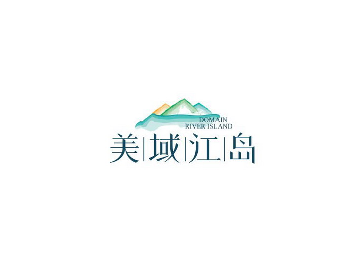 美域江島LOGO設計，采用三座島與江水的水墨化風格創(chuàng)意